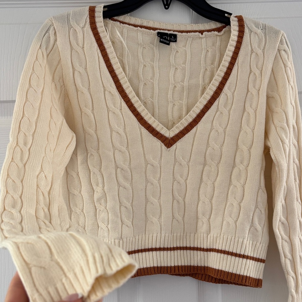 Windsor Cream and Brown V-Neck Cable Knit Sweater